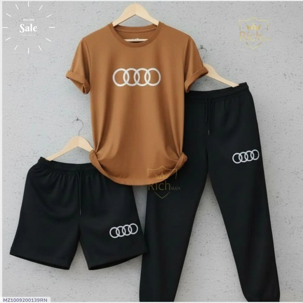 Audi 3-Piece Tracksuit Brown Cotton Summer Set for Men
