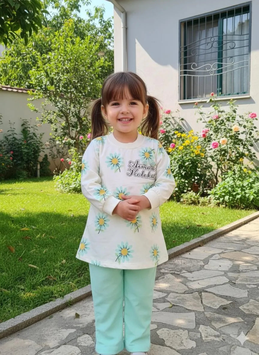Girls Floral Printed 2-Piece Jersey Set Mint Green
