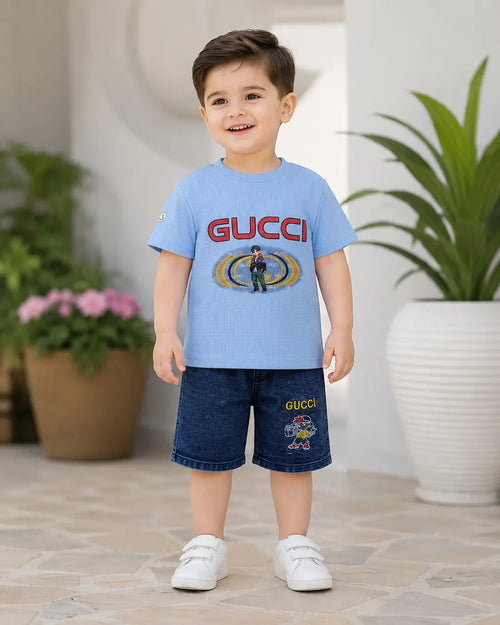 2 Pcs Boy's Printed Shirt And Jeans Shorts Set