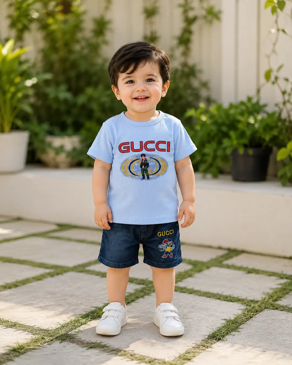 2 Pcs Boy's Printed Shirt And Jeans Shorts Set