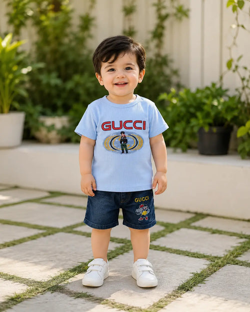 2 Pcs Boy's Printed Shirt And Jeans Shorts Set