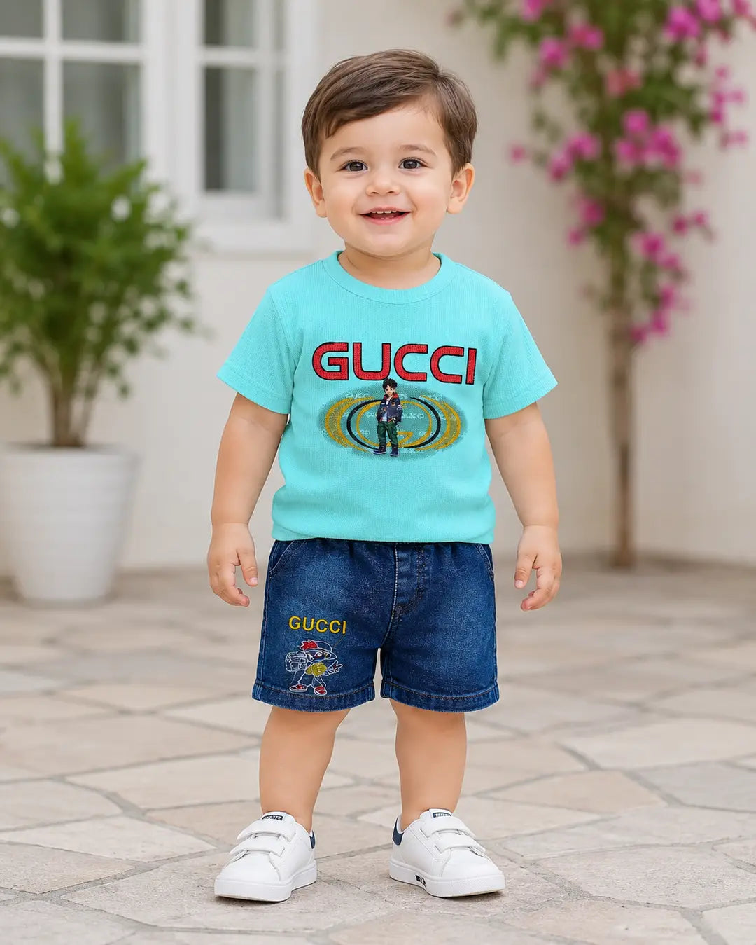 2 Pcs Boy's Printed Shirt And Jeans Shorts Set