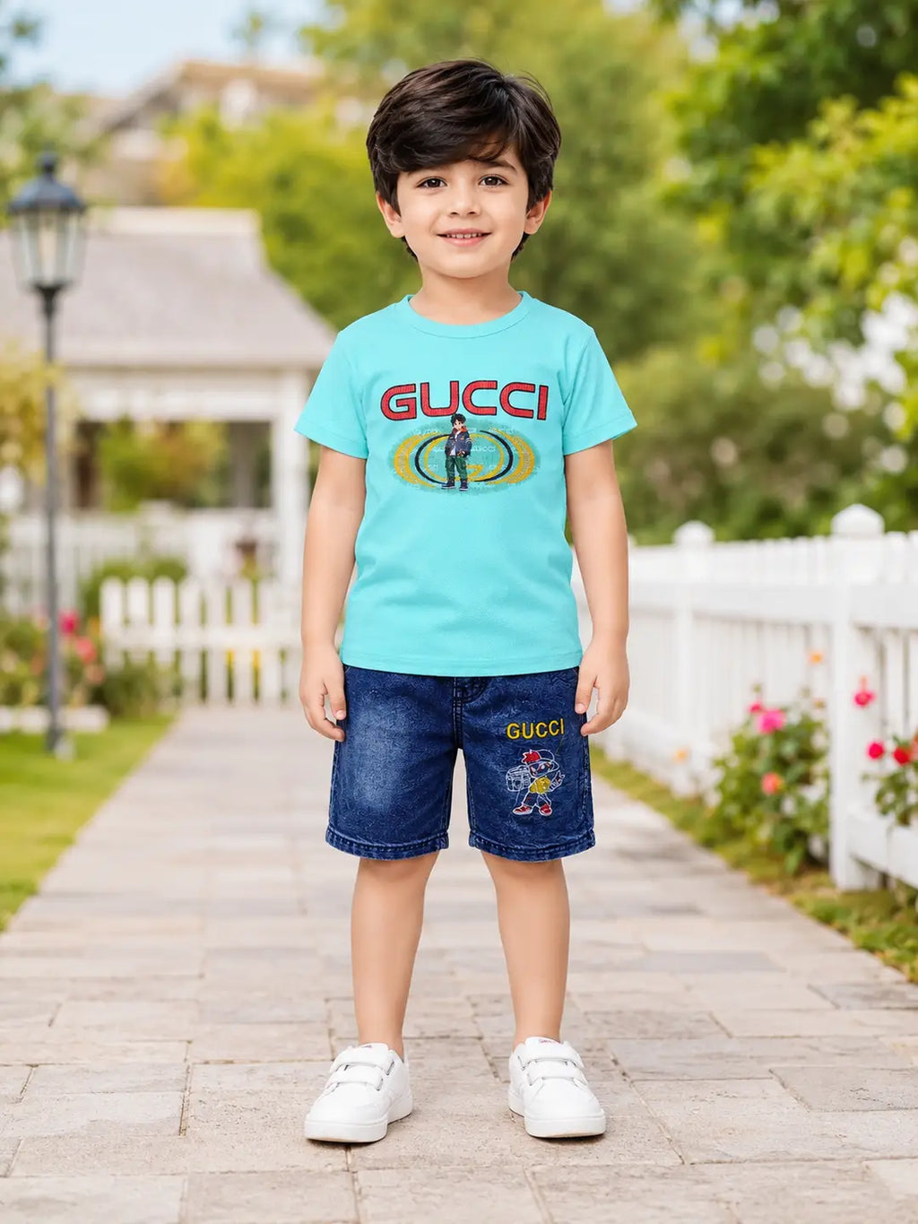 2 Pcs Boy's Printed Shirt And Jeans Shorts Set