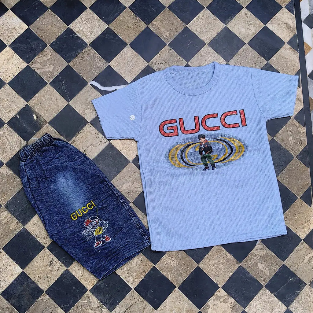 2 Pcs Boy's Printed Shirt And Jeans Shorts Set
