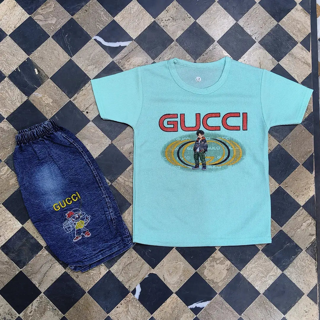 2 Pcs Boy's Printed Shirt And Jeans Shorts Set
