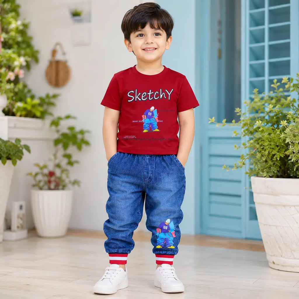 2 Pcs Boy's Printed Shirt & Pants Set