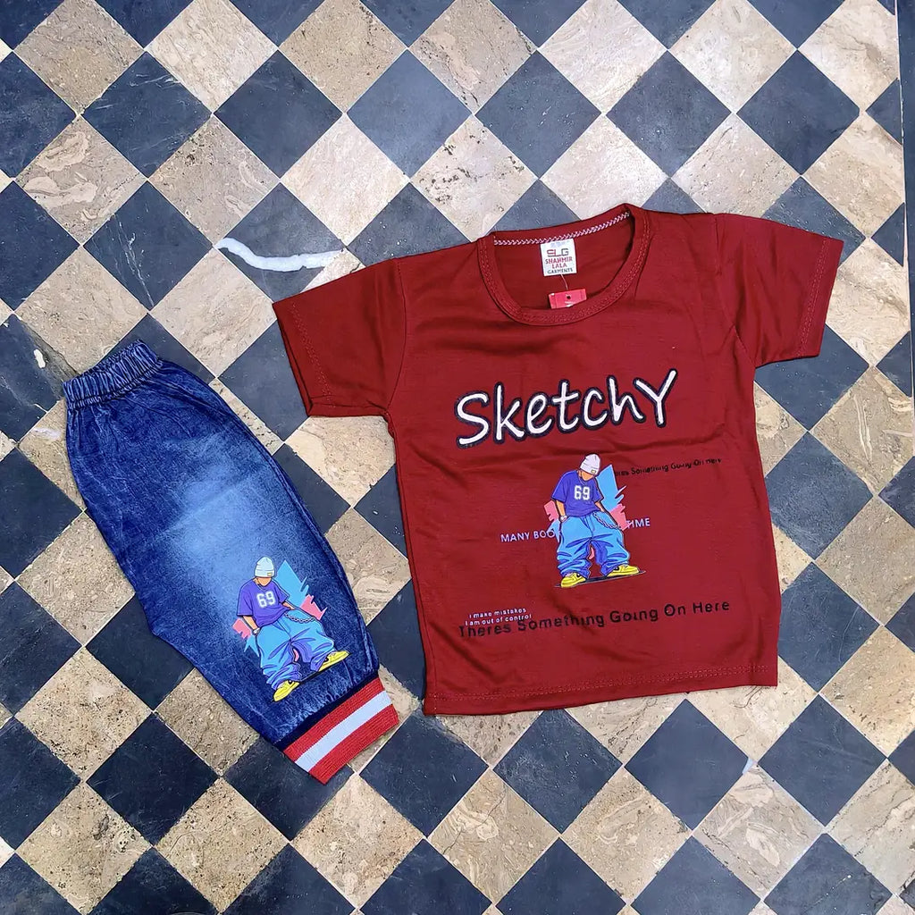 2 Pcs Boy's Printed Shirt & Pants Set