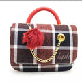 Jute Plaid Shoulder Bag Red Pom Pom Gold Chain