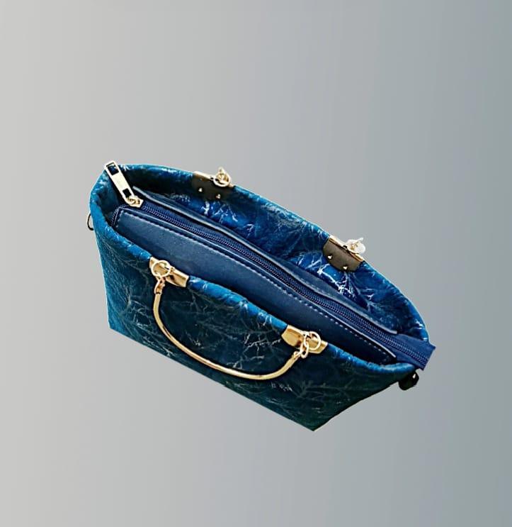 Girls Velvet Printed Handbag Blue 10x5x8"