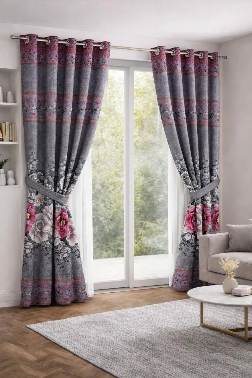 Floral Curtain Set for Living Room with Heavy Drape