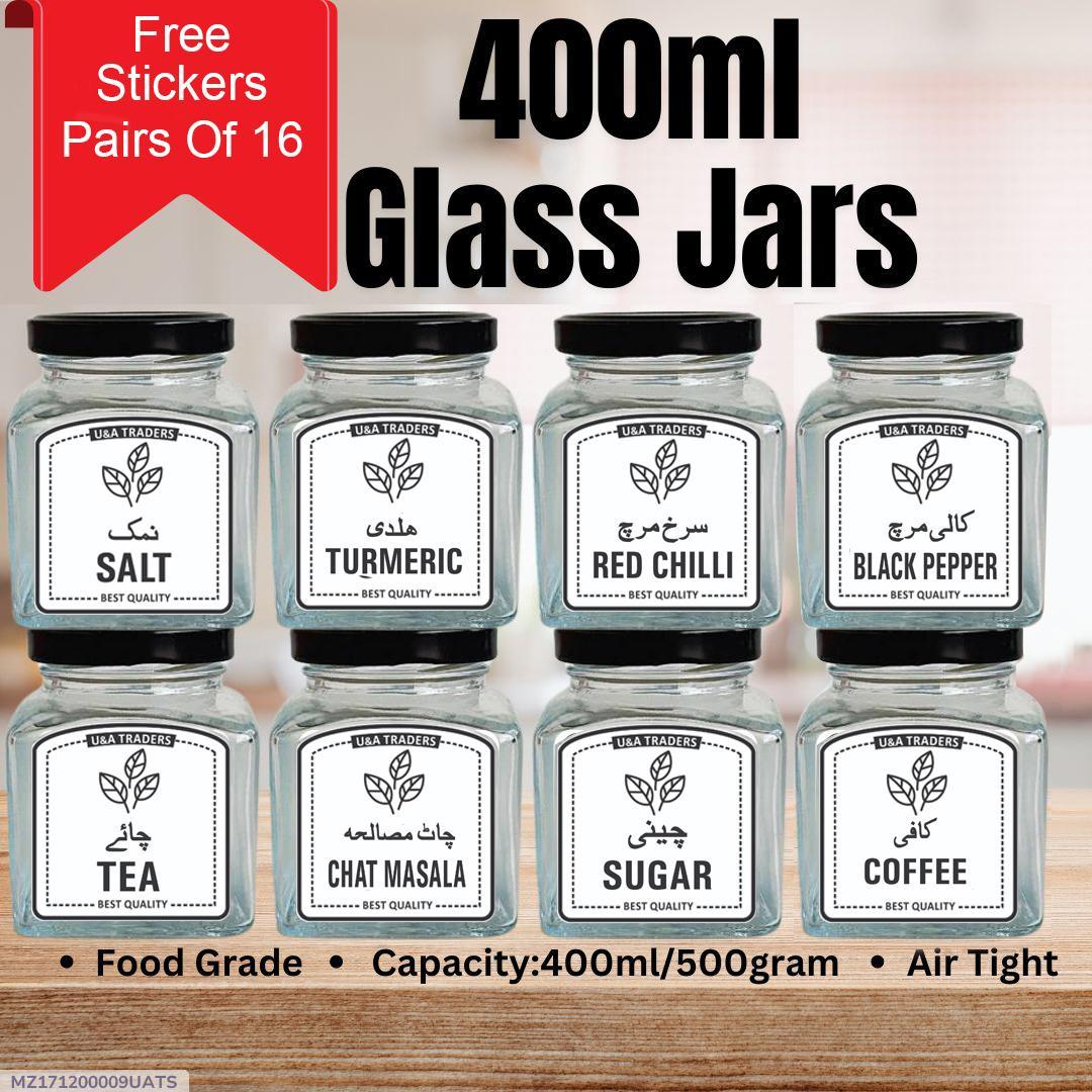8-Piece Spice Jar Set Black Glass 400ml Air Tight