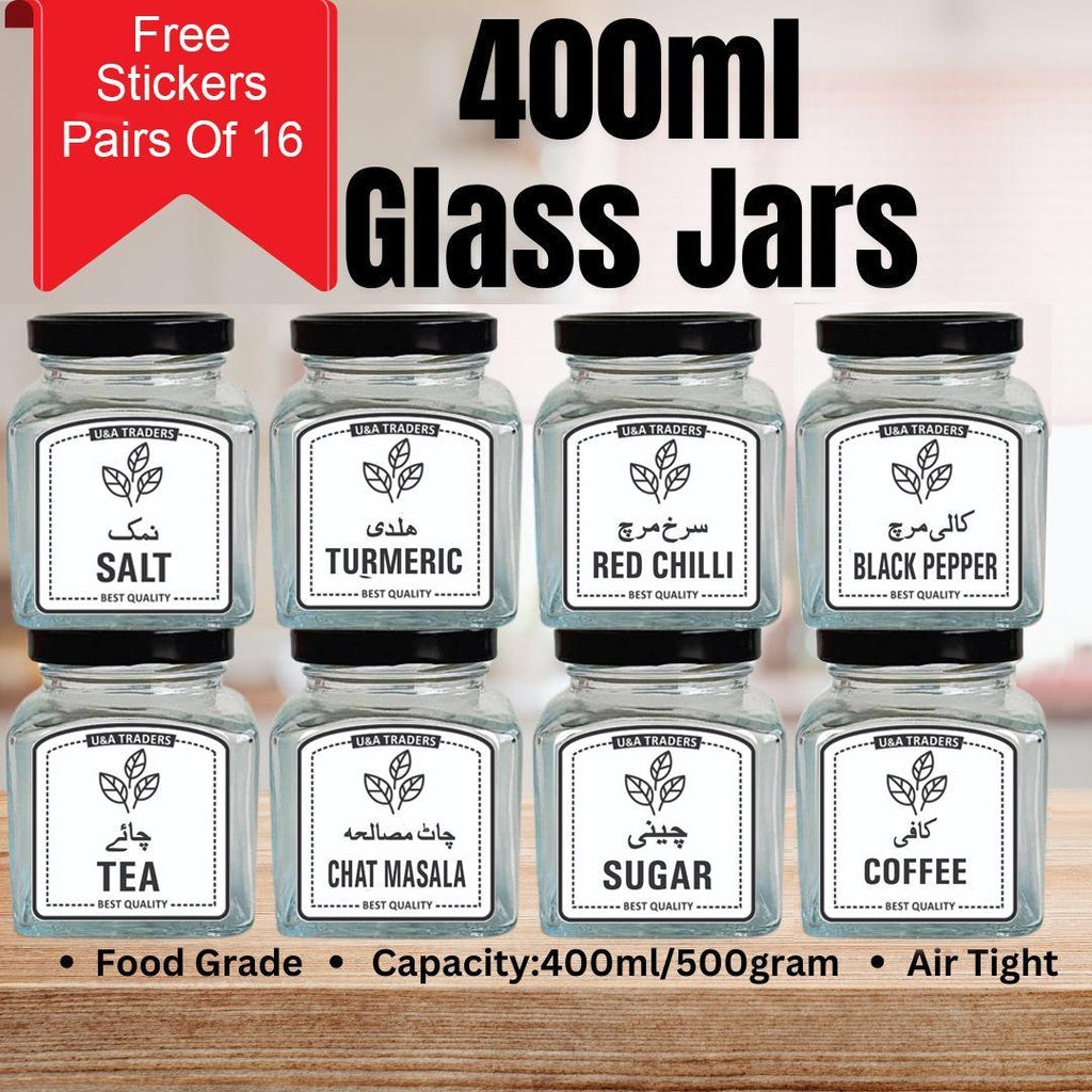 8-Piece Spice Jar Set Black Glass 400ml Air Tight