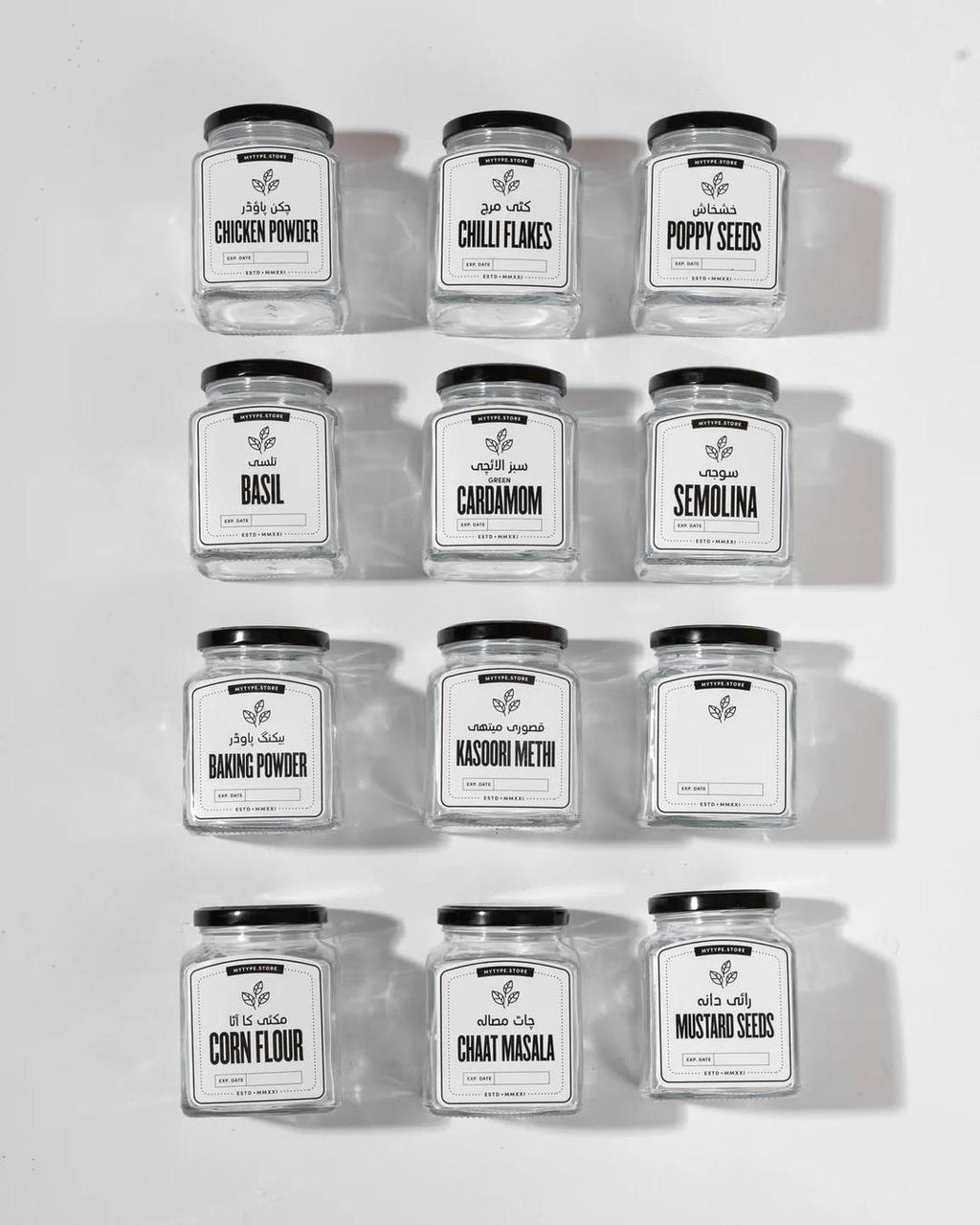 8-Piece Spice Jar Set Black Glass 400ml Air Tight