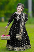 Kids Black Embroidered 3Pcs Set Anarkali Style