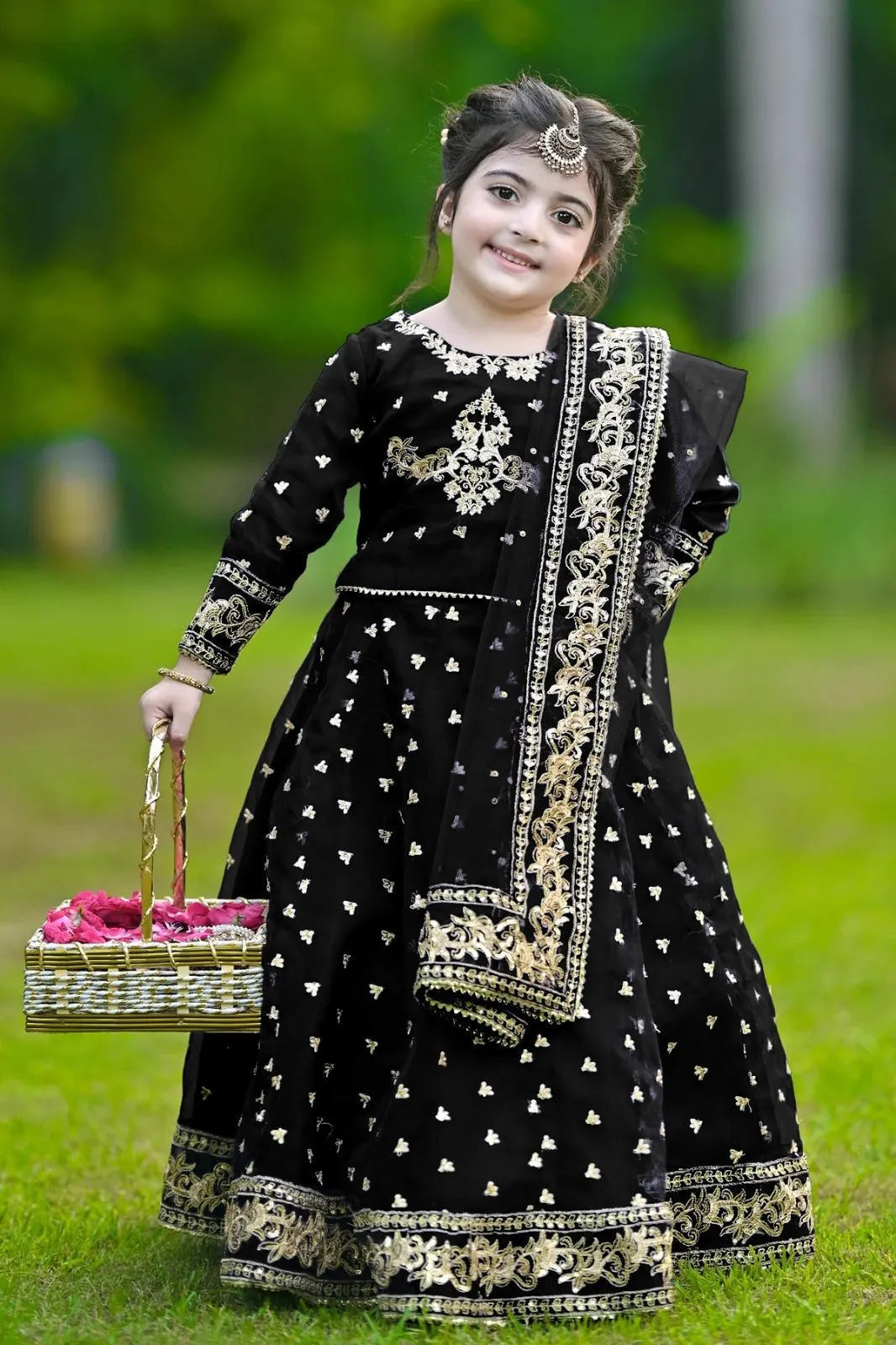 Kids Black Embroidered 3Pcs Set Anarkali Style