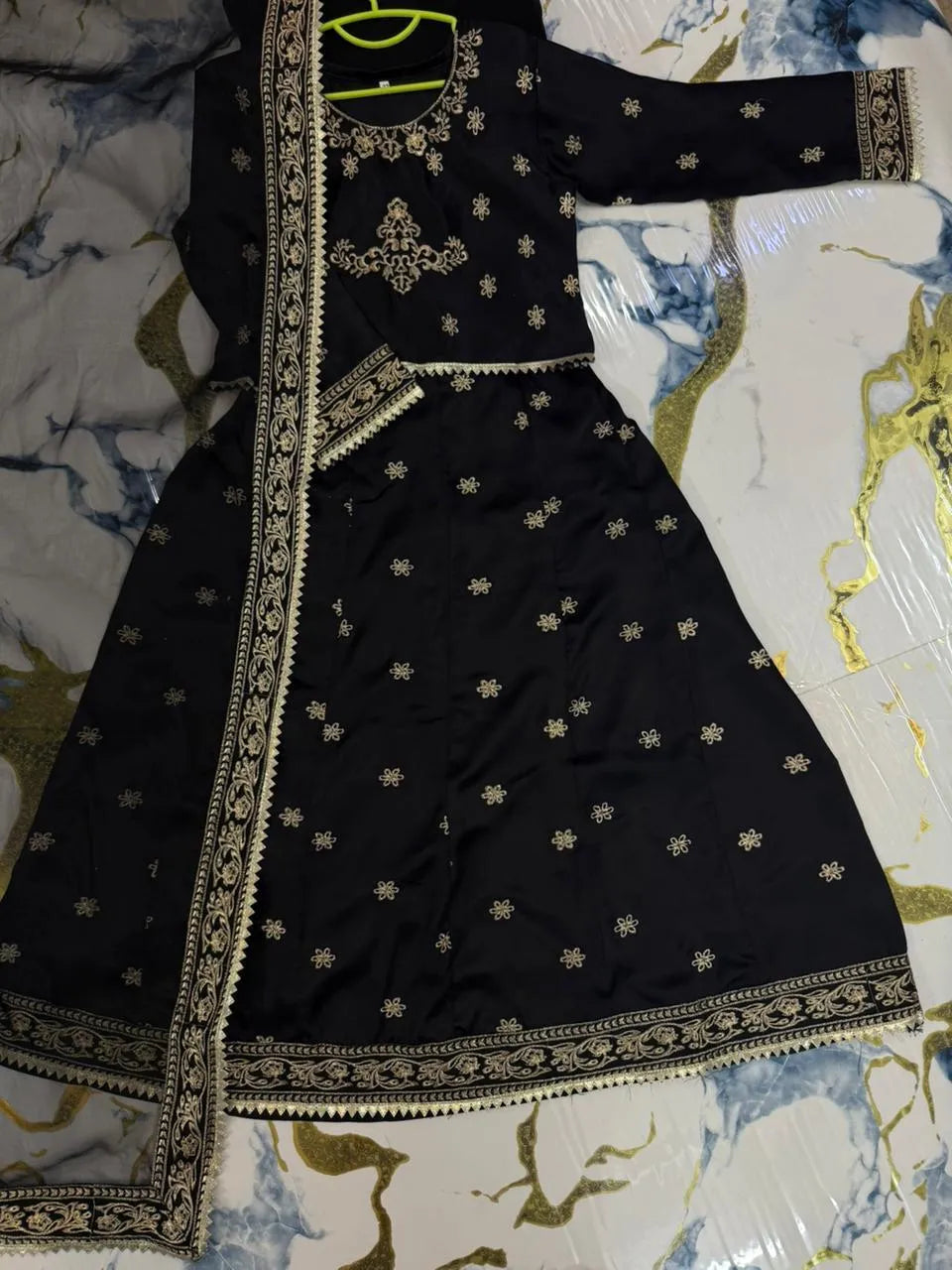 Kids Black Embroidered 3Pcs Set Anarkali Style