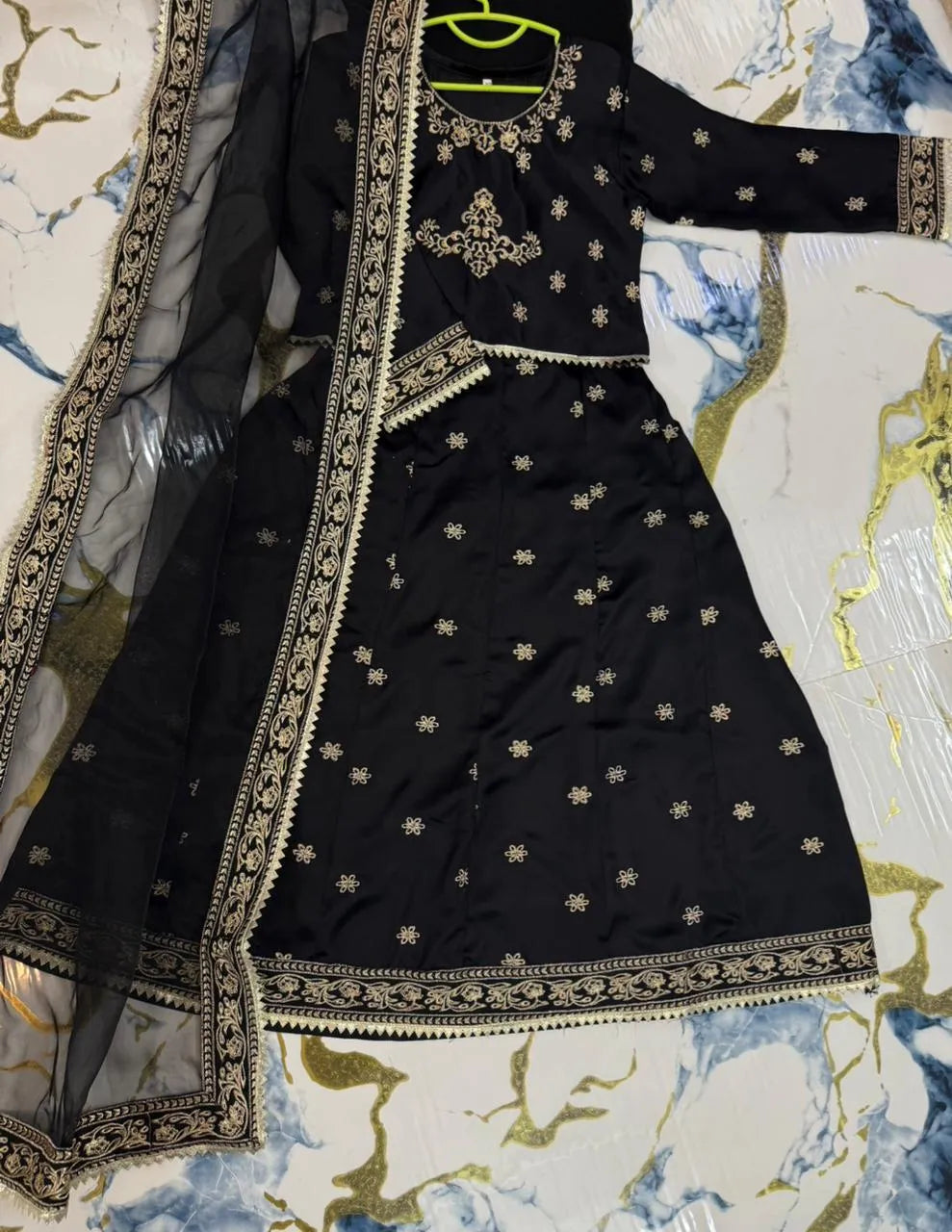 Kids Black Embroidered 3Pcs Set Anarkali Style