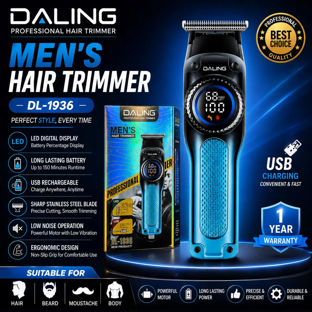 DALING DL-1936 Professional Men's Hair Trimmer | USB Rechargeable | LED Display | Cordless Hair & Beard Clipper