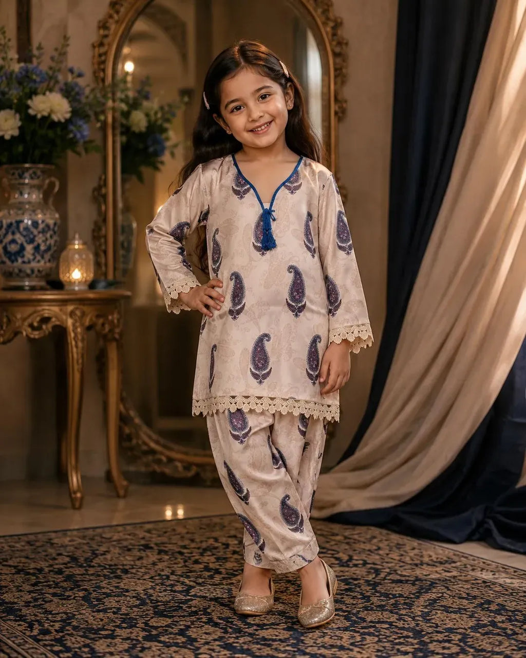Girl's Silk Kurta and Trouser Set - 2 Pcs